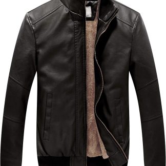 Stand Collar Fleece Lined Faux Leather Jacket Warm Winter image 1